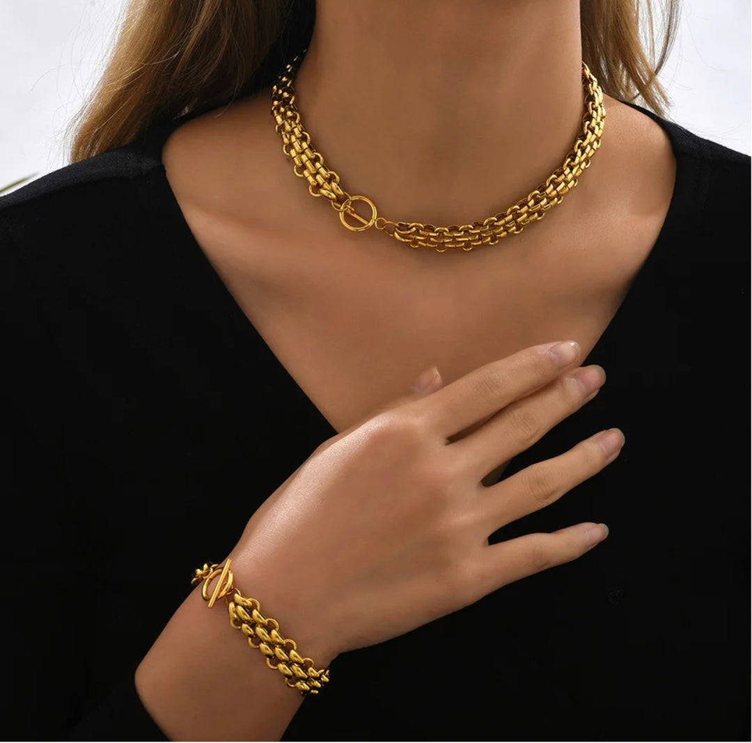 Link chain gold necklace & bracelet set