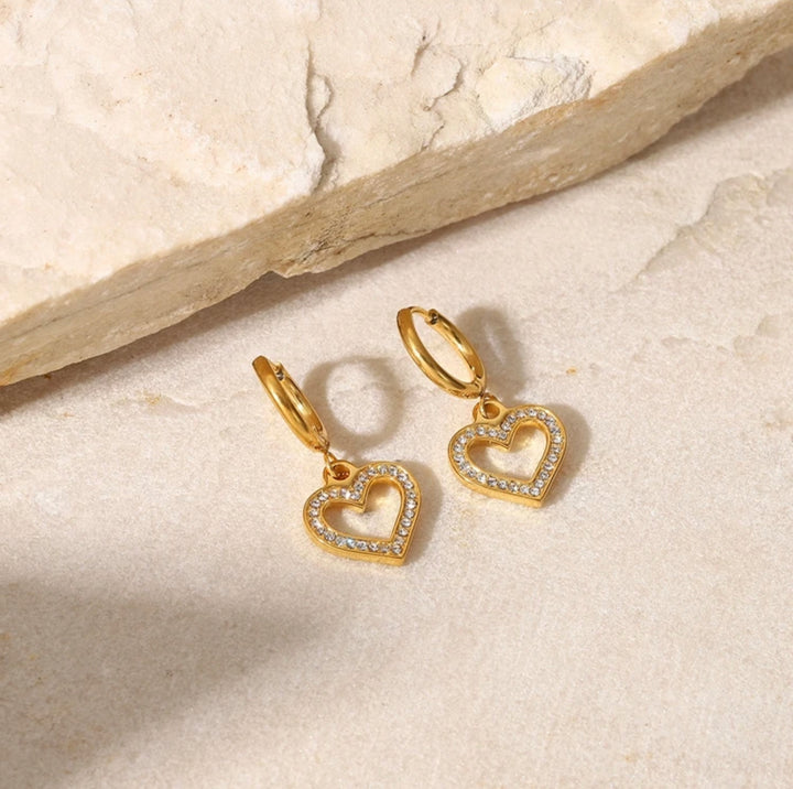 18k Gold plated diamanté heart drop earrings