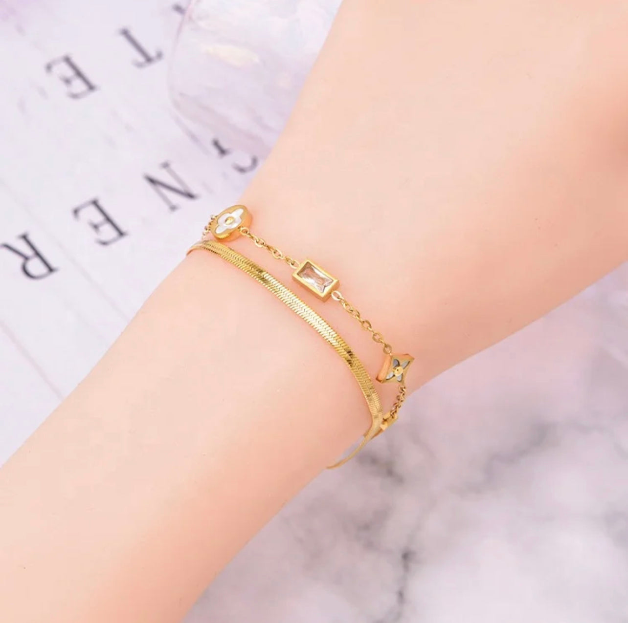 Lucky charm clover  gold detail layered bracelet