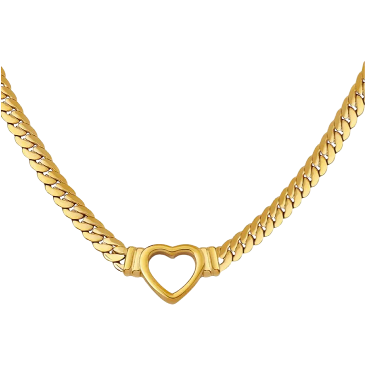 Connecting heart Cuban chain gold necklace
