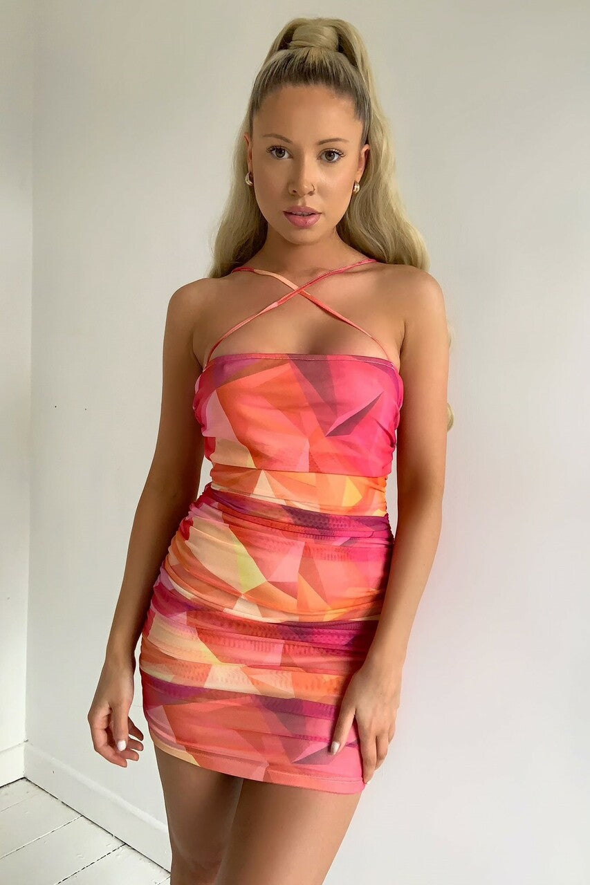Sophia Red Geometric Print Ruched Mesh Mini Dress