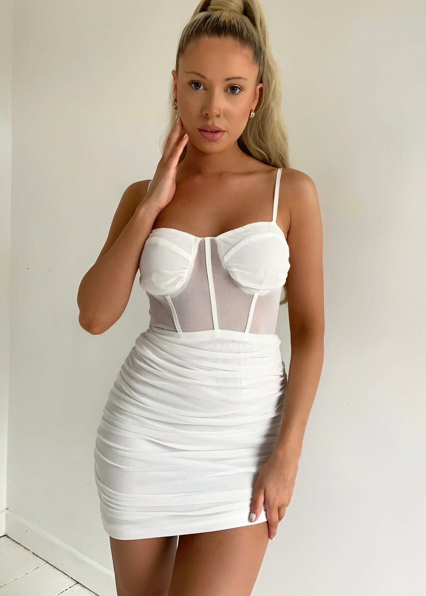 Maya white strappy ruched mesh mini dress